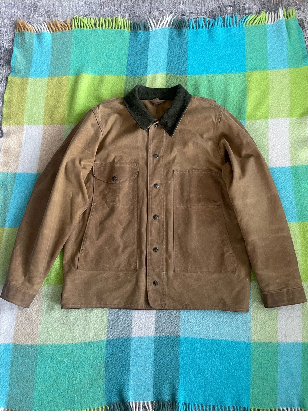 Filson Tin Cloth Full Zip Button Up Field Waxed Jacket Made in USA Tan Men’s SzL